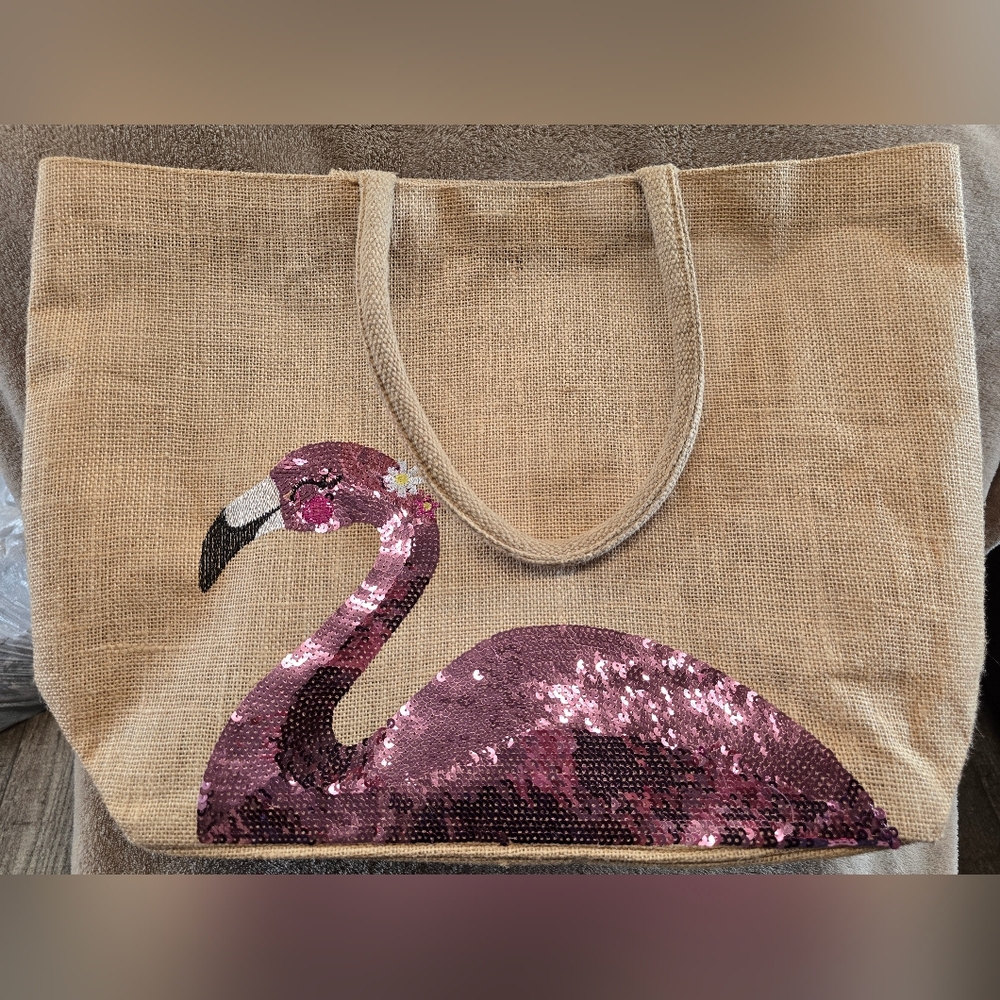 Sequin Flamingo Jute Tote - Pink and Black